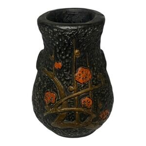 Vintage Japanese Tokanabe Mini Vase Black Textured Pottery Floral 4 Inch Japan